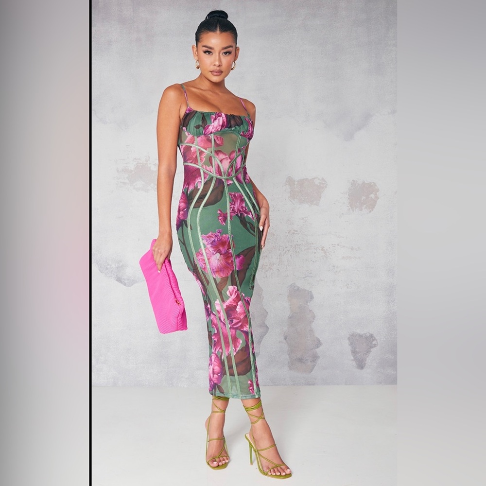 Green Floral Print Mesh Binding Detail Midaxi Dress
